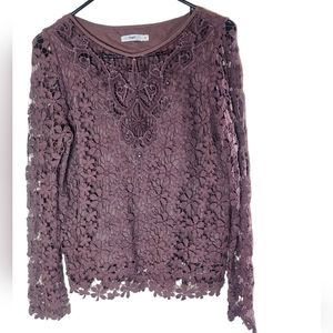 Hazel women's brown long-sleeved crochet overlay designed top size M